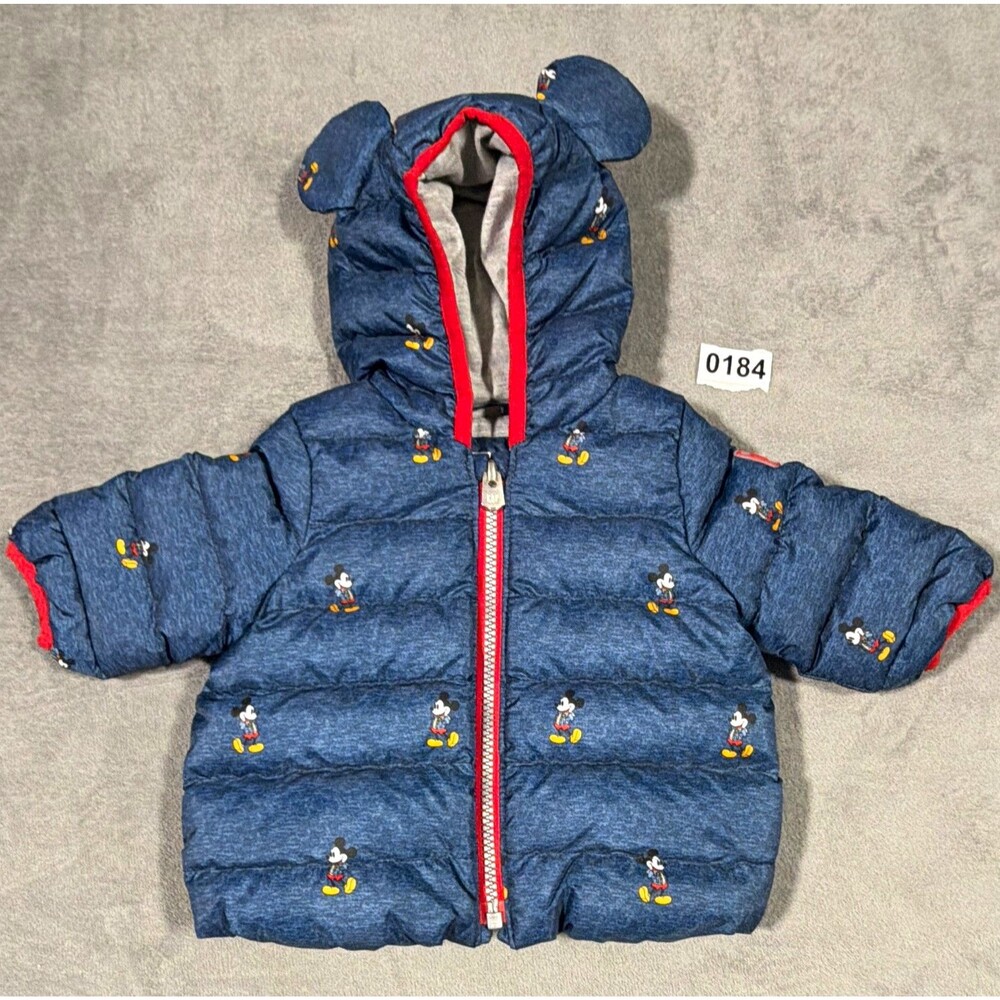 Baby Gap Disney baby Mickey Mouse Hooded Full Zip Puffer Jacket Blue/Red 0-3M.